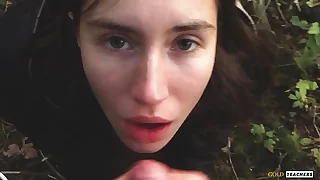 Young shy Russian girl gives a blowjob in a German forest and swallow sperm in POV  (first homemade porn from family archive). #amateur #homemade #skinny #russiangirl #bj #blowjob #cum #cuminmouth #swallow